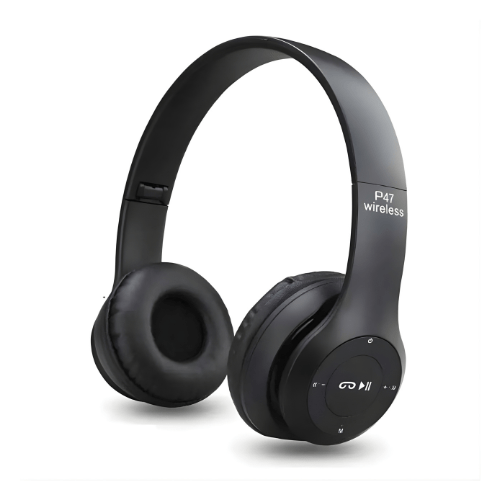 Black wireless headphones on a white background