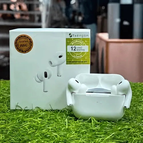 White wireless earbuds with charging case on grass, next to their packaging