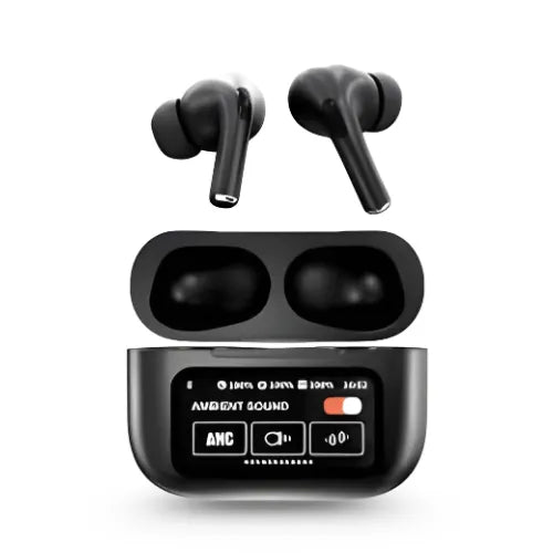 Black wireless earbuds with charging case on a white background