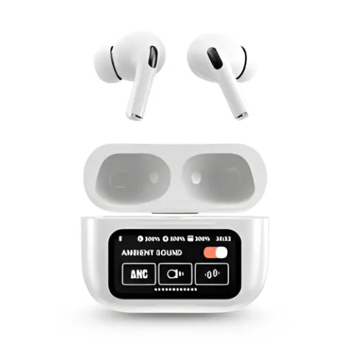 White wireless earbuds with charging case on a white background