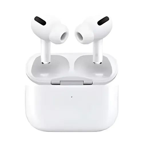 White wireless earbuds with charging case on a white background