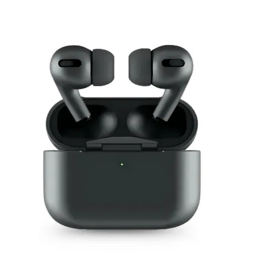 Black wireless earbuds in a charging case on a white background