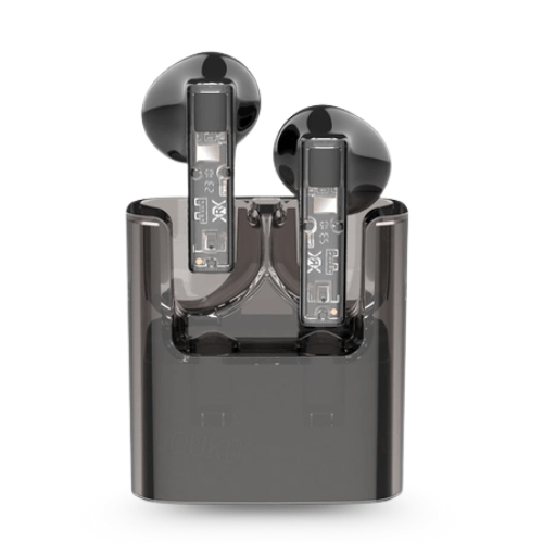 Black wireless earbuds with charging case on a white background