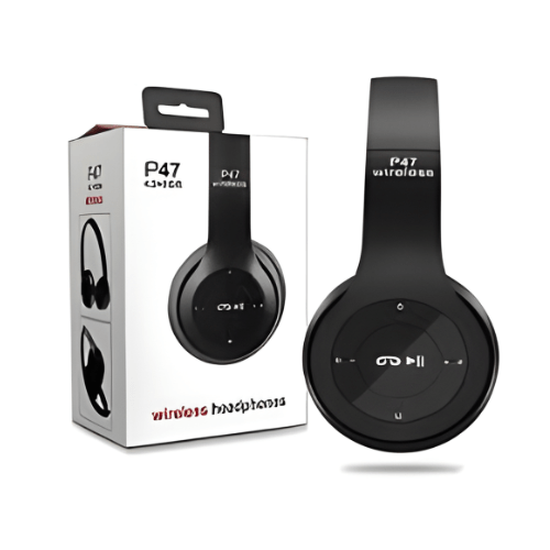 Black headphones with control panel and 'P47' branding next to their packaging on a white background.