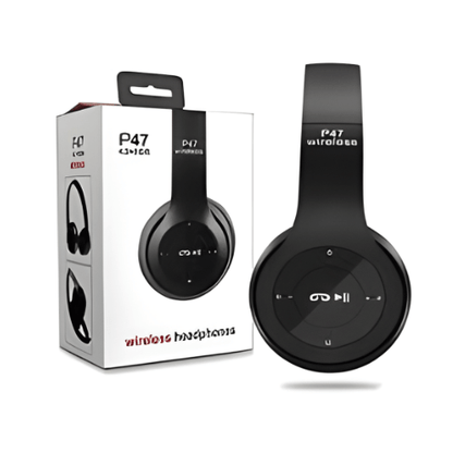 Black headphones with control panel and 'P47' branding next to their packaging on a white background.