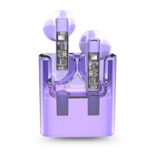 Purple electronic device with two transparent components on a white background