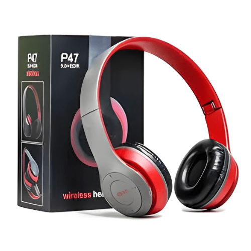 Red and gray headphones with 'P47' branding on a white background