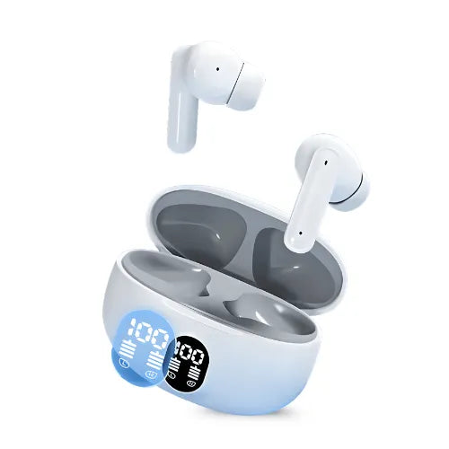 Wireless earbuds with charging case on a white background